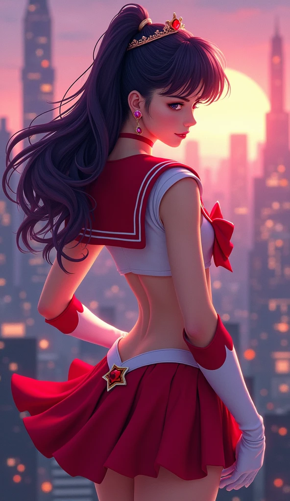 (rear view, backside view), Sailor Mars in a sexy outfit standing in front of a city,Her hair is dark purple, Her tiara is V-shaped with a red jewel. Her earrings are 6-pointed stars, His sailor collar is red with 3 white lines, Her brooch is red, His front brooch is purple and his shirt is white with white shoulder pads with a white line at the waist.. In the middle there is a red jewel with gold edges., His gloves are below his elbows and his color is white with the top part red., Her skirt and back bow are red, seductive anime girl, extremely detailed Artgerm, Ilya Kuvshinov. 4 k, style artgerm, Marin Kitagawa Fanart, Ilya Kuvshinov and artgerm, made with  painter studio, beautiful alluring woman, sakimichan frank franzzeta, high quality, (raw photo, best quality), (realistic, Photorealistic: 1.4), (extremely delicate and Beautiful: 1.4), Amazing, fine details, masterpiece, Ultra detailed, high resolution, best illustration, best shadow, intricate, ( extremely intricate: 1.2), (exquisitely detailed skin), cinematic light, Perfect anatomy, (cool color: 1.4), Sharp focus, 8K UHD, DSLR, (Fujifilm XT3),(Sailor Mars:1.4),( sailor moon Mars:1.4), (skirt lifted by itself: 1.1), (skirt lift: 1.3), (showing blue panties: 1.3),( cinematic lighting :1.4),( She has a beautiful ass :1.4), (background cave cavern large stones :1.4),( She has a beautiful pear-shaped ass :1.4), (skirt lifted showing panties :1.4), (camera focused from below :1.4) 