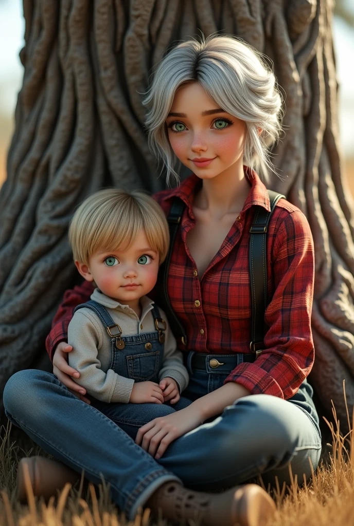 (photorealism:1.2), 1899, western, Young Silver Haired woman, red plaid shirt, black suspenders, denim pants,  silver green eyes, sitting at the base of a tree with, young male ***** of blonde hair, 