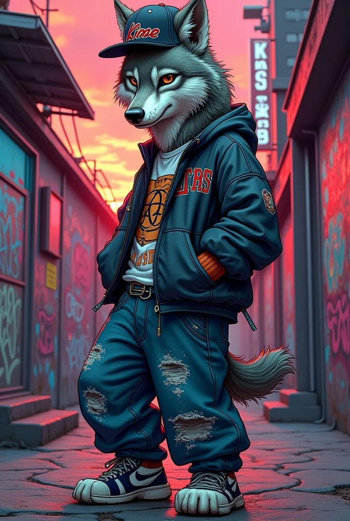 Drawing of a wolf that does hiphop and is dressed like the rappers of the 90s