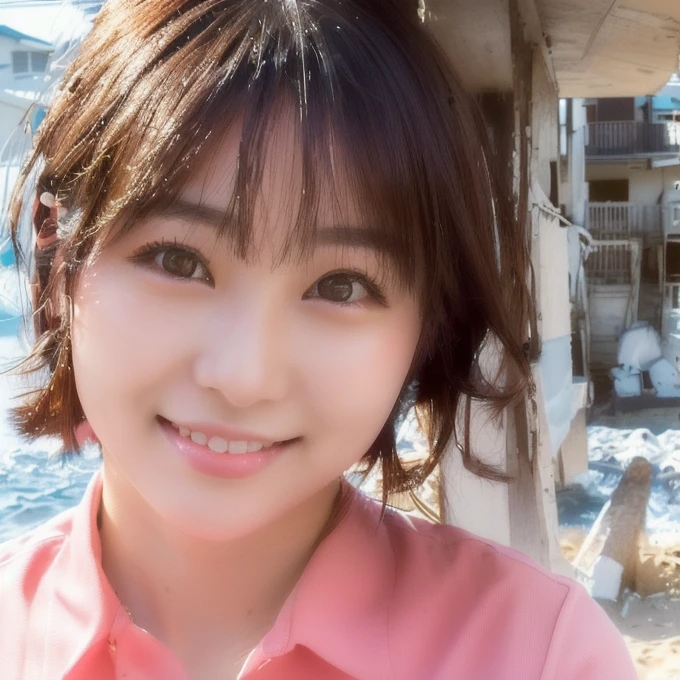 There is a woman standing on the beach and smiling.。, Chiho, aoshima Chiho, Young and pretty Asian face, Yoshitomo Nara, Portrait of a Japan teenager, Young Japanese girl, Young and adorable Korean face, Beautiful Japanese girl face,  Cute beautiful face, Short Hair