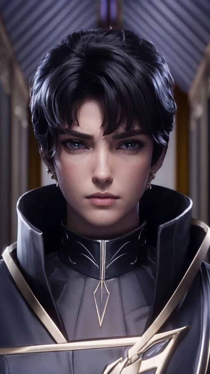 a detailed portrait of an angry royal sister with short tan hair, layered dress, hands crossed at waist, facing audience, ultra-detailed CG drawing, masterpiece, excellent, wide angle panorama, photorealistic, (office:1.8), extremely detailed eyes and face, beautiful detailed lips, long eyelashes, cinematic lighting, dramatic shadows, cool color palette, intricate textures, ornate ornaments, flowing fabric, detailed jewelry