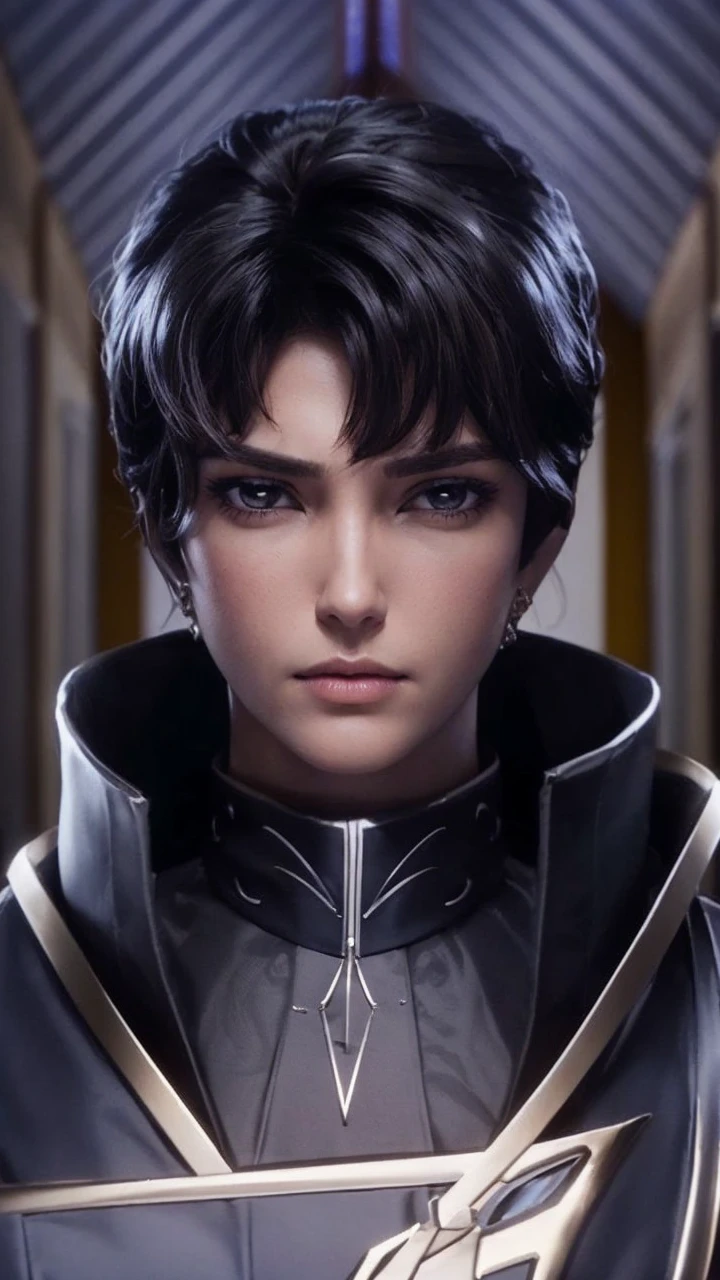 a detailed portrait of an angry royal sister with short tan hair, layered dress, hands crossed at waist, facing audience, ultra-detailed CG drawing, masterpiece, excellent, wide angle panorama, photorealistic, (office:1.8), extremely detailed eyes and face, beautiful detailed lips, long eyelashes, cinematic lighting, dramatic shadows, cool color palette, intricate textures, ornate ornaments, flowing fabric, detailed jewelry