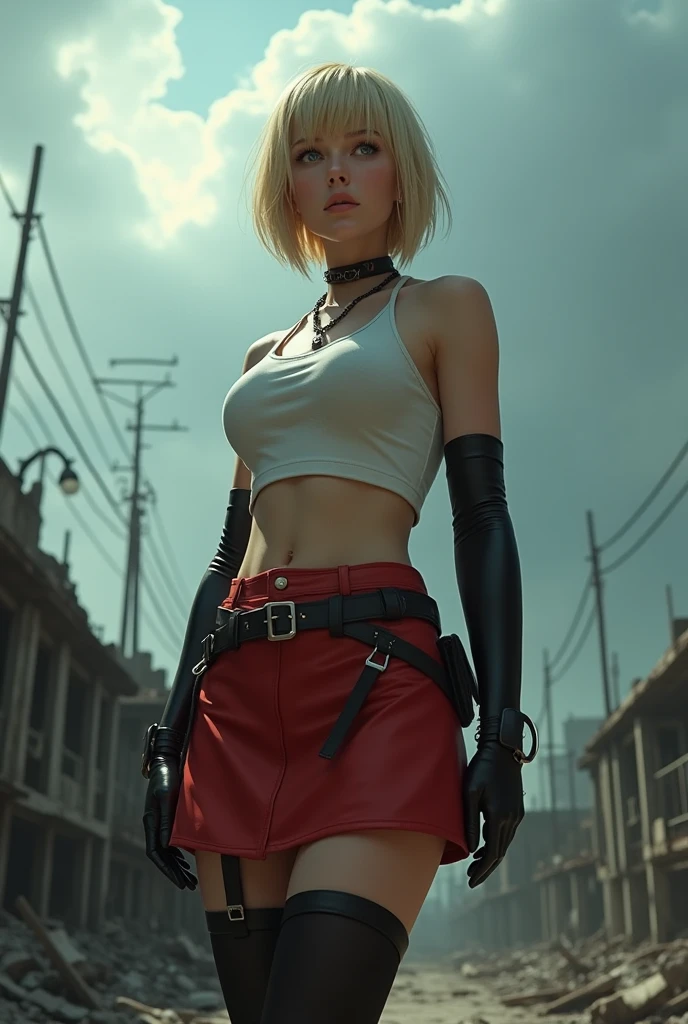 Marie Dee, a blonde ager, blue eyes, short hair,wearing a red skirt and ,White crop top,black thigh high stockings,black elbow length gloves, big breasts, realist, belts on thighs in post apocalyptic world looking up at cloudy sky