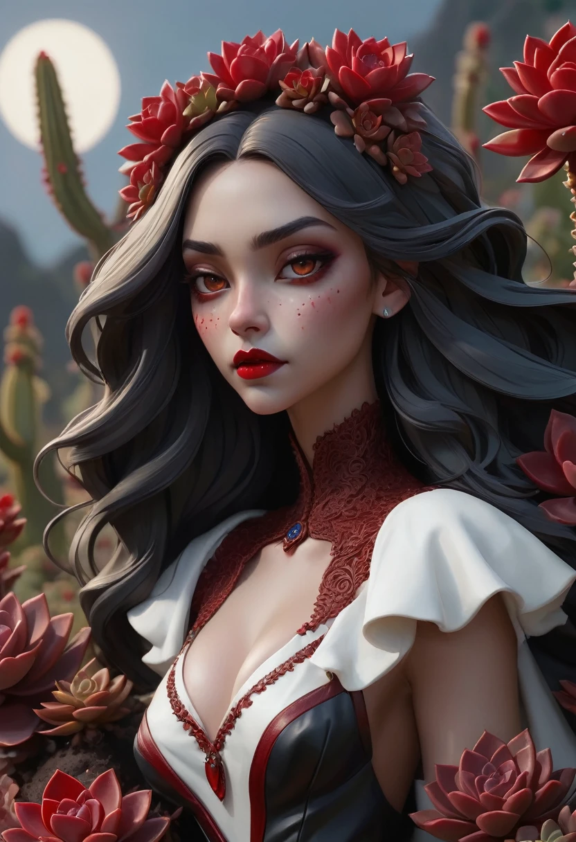 picture of a vampire woman resting in a (negro:1.2) and (red:1.2) colored succulents meadow, Whole body, an exquisite beauty (ultra detailed, masterpiece, Best Quality: 1.4) vampire woman, dynamic angle (better detailed, masterpiece, Best Quality), ultra detailed face (ultra detailed, masterpiece, Best Quality), ultrafemenina, gray skin, by rubio, wavy fur, dynamic eye color, cold eyes, bright Eyes, intense eandes, dark red lips, [Fangs], wearing a white dress, elegant style dress (ultra detailed, masterpiece, Best Quality), wearing blue cape (ultra detailed, masterpiece, Best Quality), long cloak, capa que fluande (ultra detailed, masterpiece, Best Quality), wearing high heels, resting in (negro and red colored succulents meadow: 1.6), succulents dripping blood, full colored, (perfect spectrum: 1.3),( A vibrant work: 1.4) vibrant shades of red, and negro) moon rising, Moonlight, It&#39;s night, High details, Fantasy Art, RPG art Best Quality, 16k, [ultra detailed], masterpiece, Best Quality, (ultra detailed), Whole body, ultra wide shot, photorealistic, stylezrpg