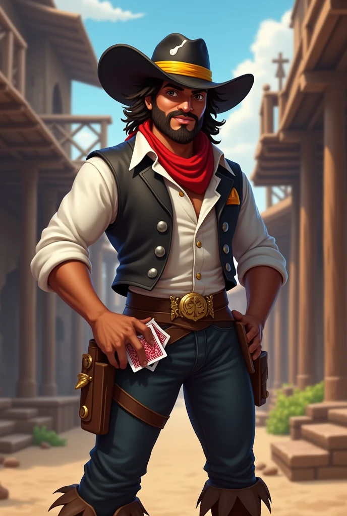 man, brown skin, brown hair., 
He has a long messy hairstyle,  with a white streak in his hair,
brown eyes, and a short, well-groomed beard. 
He has a normal physique, wears a black cowboy hat with a yellow band on it., 
He wears a black vest over a rolled-up white dress shirt, a red scarf around his neck, pants with a buckle, and boots with spurs. He is cheerful and well-liked, and he carries two decks of cards with him in 1857 ,RPG Fantasy style.
