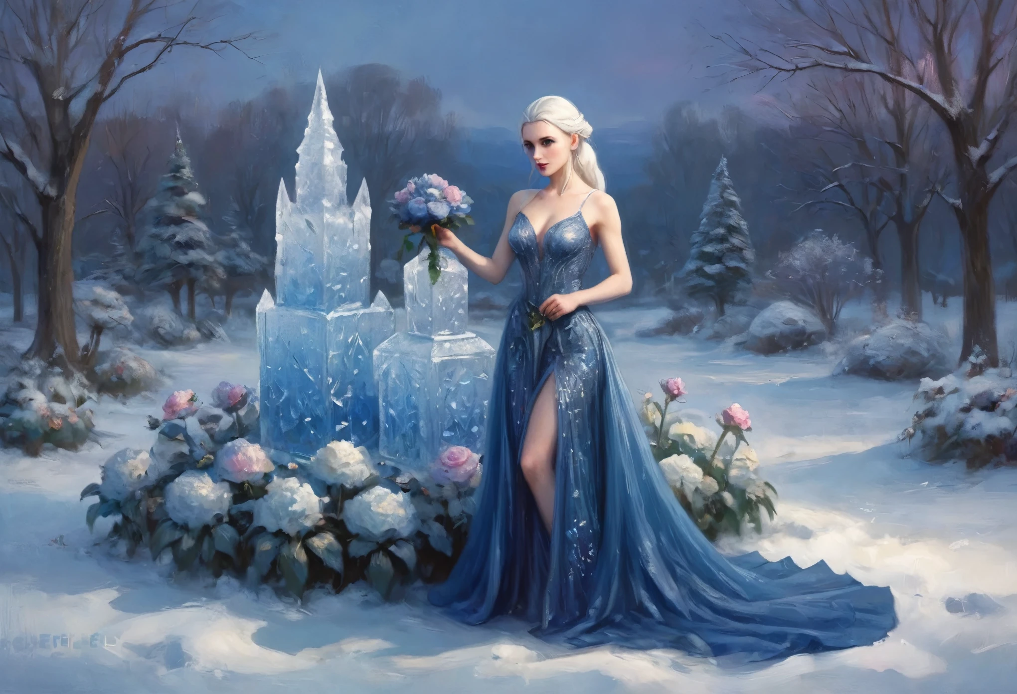 Ice Elf (cute woman, blue skin, deep blue eyes, pointy ears, waist length pale hair, sapphire sequin sparkling evening gown0 inspecting her ice sculpture flower garden in a snow landscape, twilight
