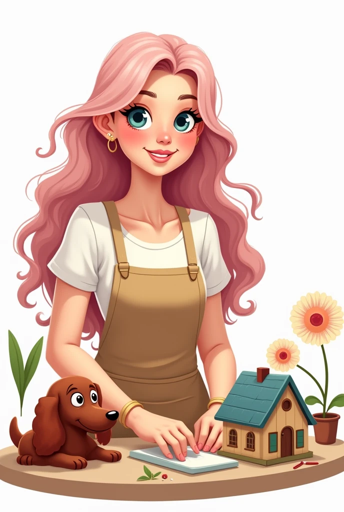 draw basic style, clipart vector. Create avatar of  curvy craftswoman girl, very beautiful, upper body. Long light pink hair, blue eyes, wide smile, white t-shirt with apron. She is with a charming red irish setter dog. in the table, working with mini houses dioramas. Specific art, fanart, sweet color, white background, clipart illustration, simple art, cartoon 2D, no shading, PNG, front view, close up