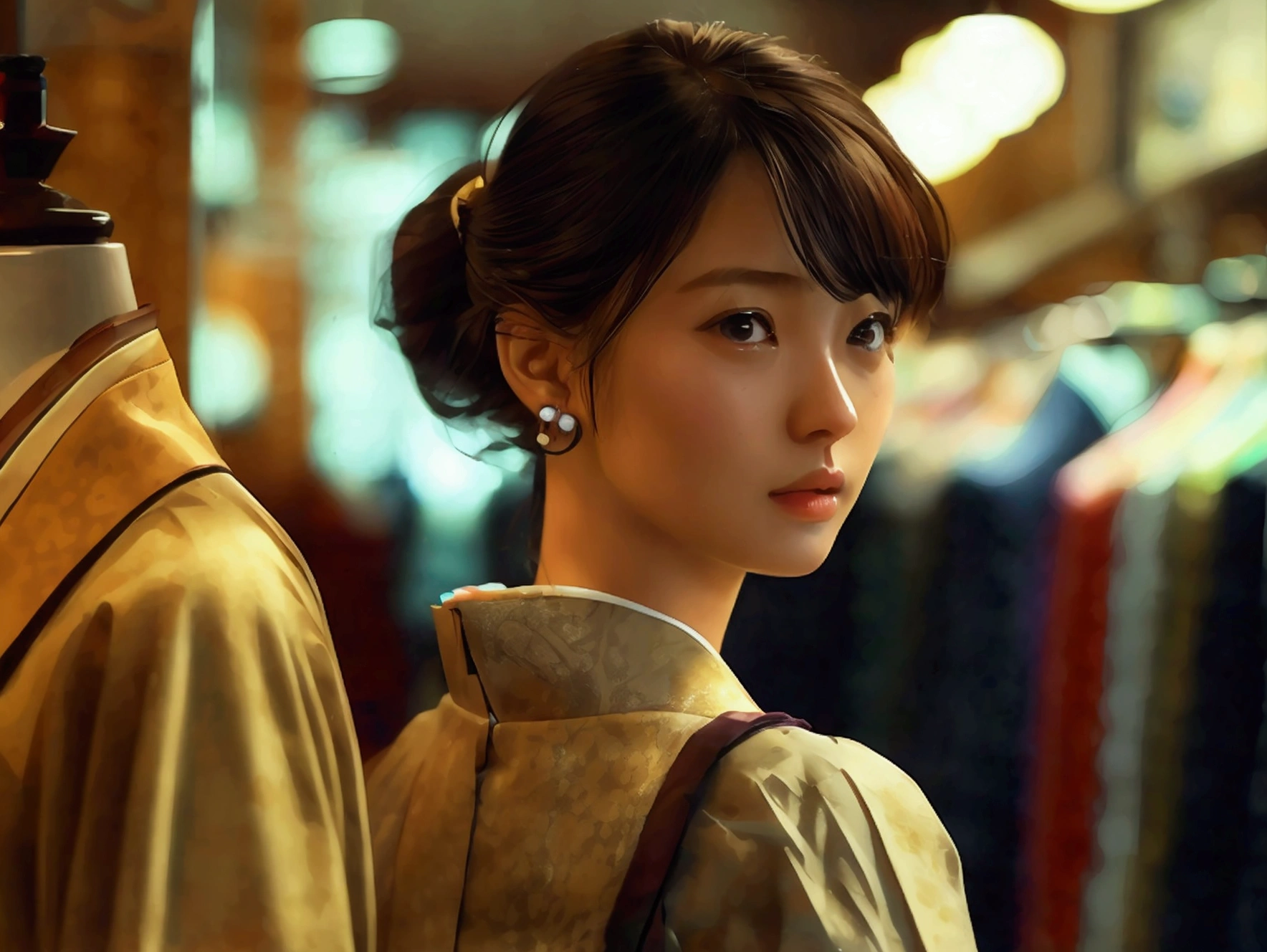 Inside a clothing store、(((Japanese female clerk:1.6)))、(((Japanese gal in her 20s))), A female sales clerk is recommending clothes to a man in his 20s.