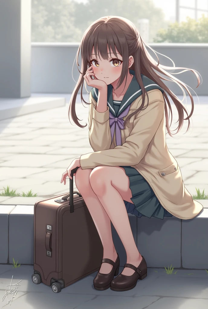 there is a woman sitting on a curb with a suitcase, (hair swept bangs:1.3), (brown hair:1.3), anime style, from girls frontline, fine details. girls frontline, girls frontline universe, girls frontline style, girls frontline, girls frontline cg, loose coat collar sailor uniform, sailor uniform, kantai collection style, beautiful anime high school girl, in dress, sailor clothing,