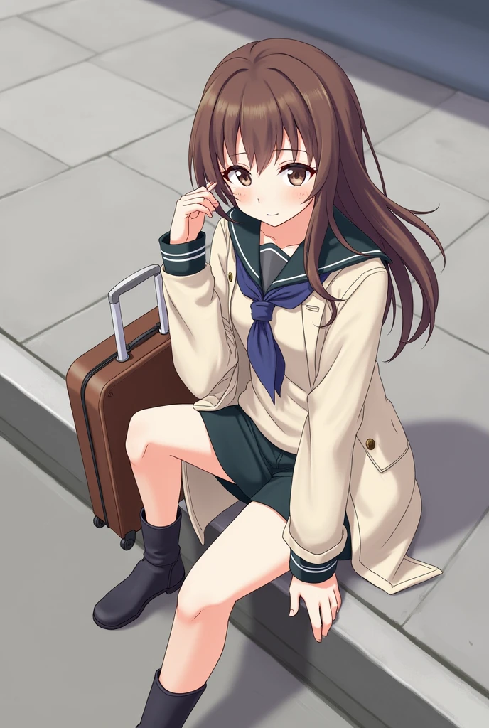 there is a woman sitting on a curb with a suitcase, (hair swept bangs:1.3), (brown hair:1.3), anime style, from girls frontline, fine details. girls frontline, girls frontline universe, girls frontline style, girls frontline, girls frontline cg, loose coat collar sailor uniform, sailor uniform, kantai collection style, beautiful anime high school girl, in dress, sailor clothing,