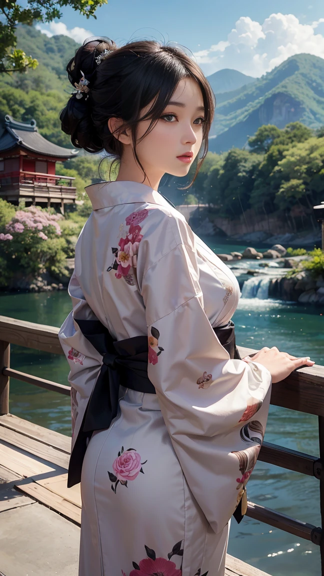 (Highest quality、 8k 、masterpiece、High resolution)、(whole body)、Vibrant colors、Brown-black bob、Traditional round topknot、Ample breasts、(Highly detailed face and eyes、Beautiful Face、Beautiful Eyes、Beautiful Nose、Pretty lips)、 (Beautiful Japanese woman standing on a riverside observation deck)、(bright floral kimono)、Official Art、 A waterfall is flowing in the background、Nearby bridge、Cityscape along the river、Distant Mountain々、Detailed CG、Rear view