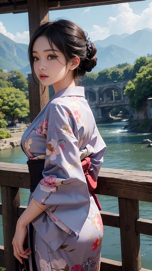 (Highest quality、 8k 、masterpiece、High resolution)、(whole body)、Vibrant colors、Brown-black bob、Traditional round topknot、Ample breasts、(Highly detailed face and eyes、Beautiful Face、Beautiful Eyes、Beautiful Nose、Pretty lips)、 (Beautiful Japanese woman standing on a riverside observation deck)、(bright floral kimono)、Official Art、  A waterfall is flowing in the background、Nearby bridge、Cityscape along the river、Distant Mountain々、Detailed CG、Rear view
