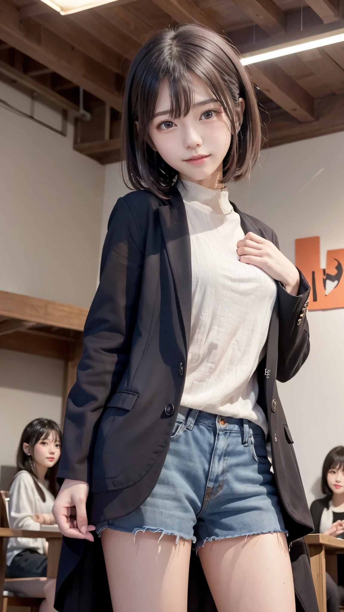 carrot、Supermodel、Perfectly built、Muchi Muchi、Three girls are looking at the audience、 3 girls、、High Leg Raise、Beautiful Feet、Hot Pants、coat、Cyberpunk、earphone、Gentle smile、Look at the girl from below、Innocent face、detailedcorrect hands