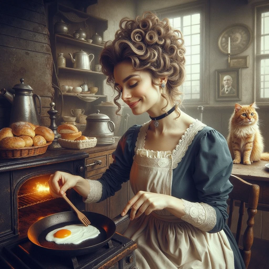a beautiful Victorian woman with Victorian curls, a content expression on her face, frying an egg using a Victorian Coal Stove Oven, in a mediocre Victorian Kitchen, with a ginger cat sitting on the kitchen table, a basket of freshly baked bread in the corner, wearing an apron with flour stains, in an insanely detailed and intricate, photo realistic oil on canvas painting style with cinematic lighting