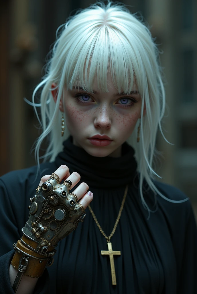Middle Ages Albino Teenager Seeking Revenge With a Violent Look, with white hair violet eyes soft freckles, you came in black with a cross necklace and a mechanical hand with steampunk technology