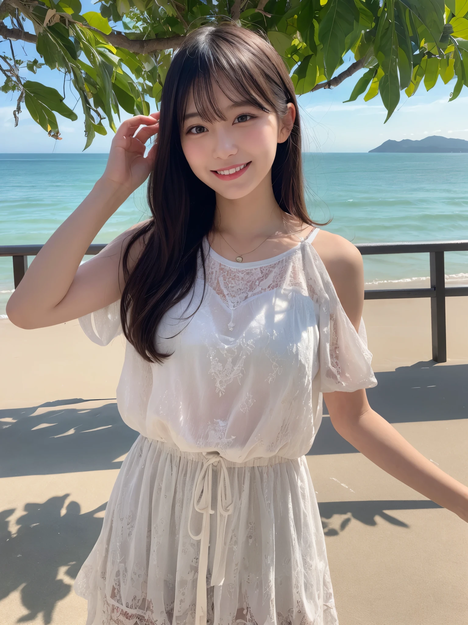 1girl, solo, highres, best_quality, masterpiece, detailed_background, intricate_details, beautiful, fukuoka, momochi_seaside_park, beach_view, ocean, casual_clothes, summer_clothes, smile, looking_at_viewer, dynamic_pose, natural_pose, candid, happy