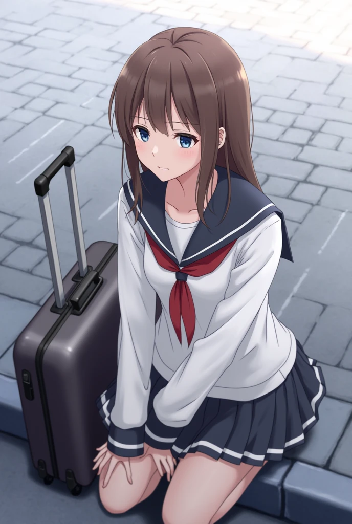 there is a woman sitting on a curb with a suitcase, (hair swept bangs:1.3), (brown hair:1.3), anime style, from girls frontline, fine details. girls frontline, girls frontline universe, girls frontline style, girls frontline, girls frontline cg, loose coat collar sailor uniform, sailor uniform, kantai collection style, beautiful anime high school girl, sailor clothing,
