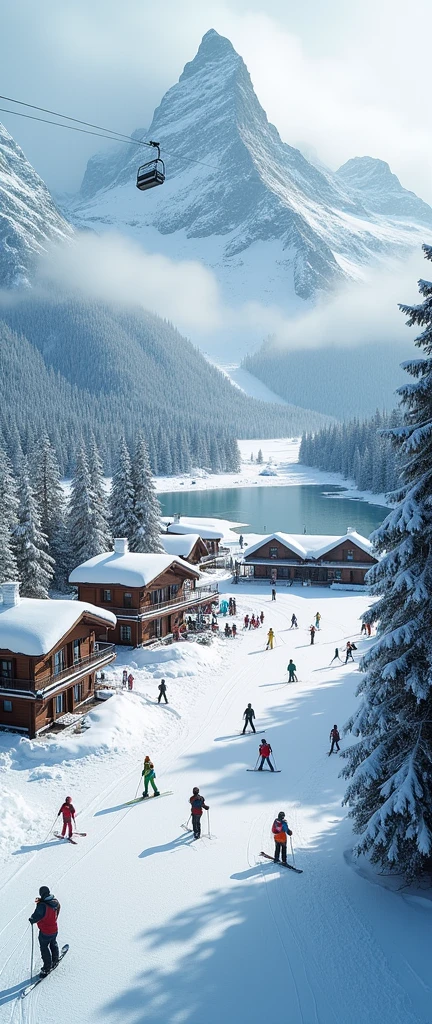 a snow-covered ski resort, ski lifts, people skiing, snowy landscape, winter sports, scenic mountain view, ski equipment, skiers on slopes, ski lodge, ski resort architecture, cold weather, frozen lake, snow-covered trees, overcast sky, adventure, outdoor recreation