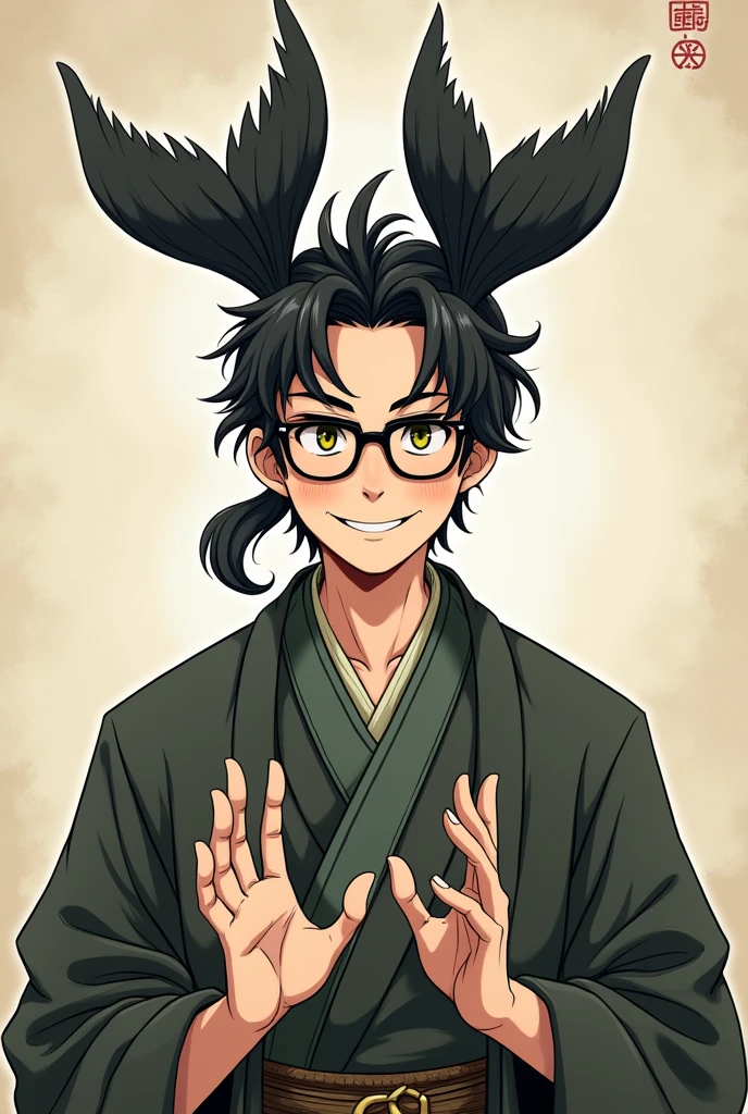A rather handsome man wearing black glasses, small eyes, and a wide smile.On his head, there are two black fish tails. He is wearing a costume similar to an ancient Japanese warrior and is making a gesture with his hands as if trying to say that he cannot tell any secrets.