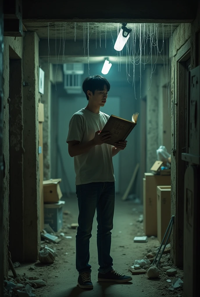 A modern Japanese man in his early 30s, dressed casually, stands in an old, dusty basement. He is holding an old photo album in one hand, looking down at it with a shocked expression. The basement is cluttered with old boxes and cobwebs, giving off an eerie, abandoned feel.