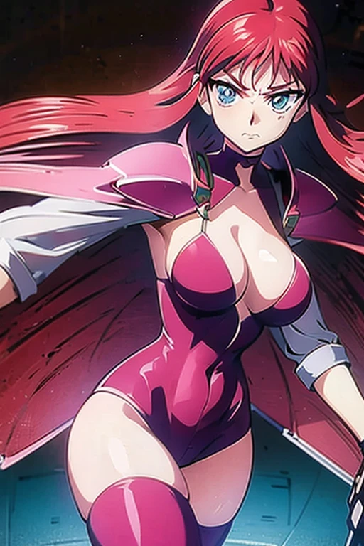 Angry face、Red long hair、Blue Eyes、Robotization、woman、Large Breasts、Robot Joint、metal skin、Pink suit、A pink suit that covers the whole body
