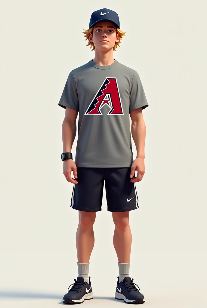 Tall boy wearing a gray Diamondbacks shirt, black Nike shorts, and a Nike cap