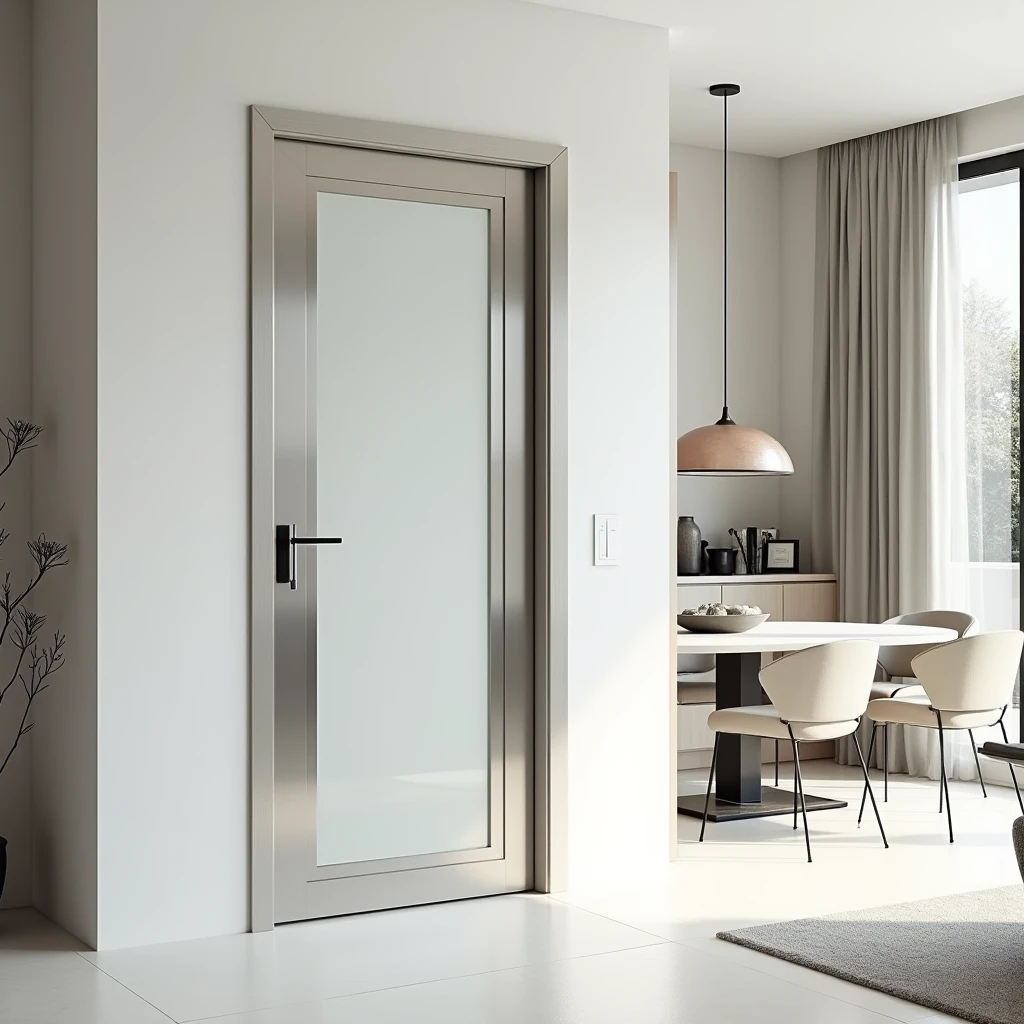 Artistic photographic image of a double-hinged door that divides a modern white living room from a dining room, featuring a style inspired by Le Corbusier, using modern materials. The door should emphasize clean, geometric lines and functional design, reflecting Le Corbusier's principles. Modern materials like sleek glass, brushed metal, and polished concrete should be used to enhance the door's contemporary feel. The setting should be a minimalist interior, showcasing a harmonious blend of classic modernist aesthetics with a modern touch, complementing the door's sophisticated design.