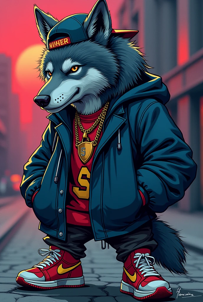 Drawing of a wolf that is dressed like the rappers of the 90s