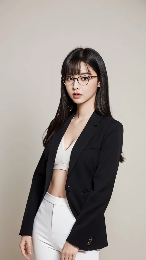 (Highest quality:1.5), (Real:1.4), (Ultra high definition:1.4), (No correction:1.4), (skinny Japanese woman with average size breasts standing front plain background in studio), (A woman wearing black-rimmed glasses), (Very small eyes), (breasts of average size), (Average height), (Bangs that hide eyebrows), (Long black hair), (Dark personality expression), (Black pantsuit), (White blouse), (black hair woman is standing with a black pant suits over a white blouse front plain background in studio), (woman viewed from the front), (Plain background), (Cowboy Shot), (Cold expression), (upright), (A woman with long black hair and glasses), (My bangs hide my eyebrows), (Sharp and tiny eyes)