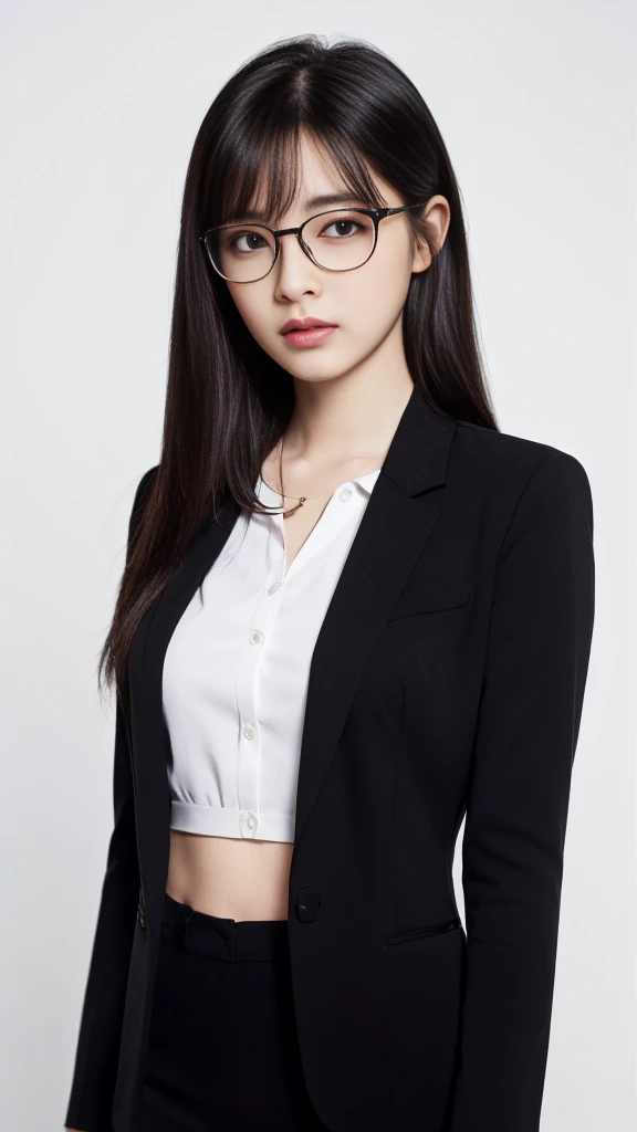 (Highest quality:1.5), (Real:1.4), (Ultra high definition:1.4), (No correction:1.4), (skinny Japanese woman with average size standing front plain background in studio), (A woman wearing black-rimmed glasses), (Very small eyes), (breastsrage size), (Average height), (Bangs that hide eyebrows), (Long black hair), (Dark personality expression), (Black pantsuit), (White blouse), (black hair woman is standing with a black pant suits over a white blouse front plain background in studio), (woman viewed from the front), (Plain background), (Cowboy Shot), (Cold expression), (upright), (A woman with long black hair and glasses), (My bangs hide my eyebrows), (Sharp and tiny eyes)
