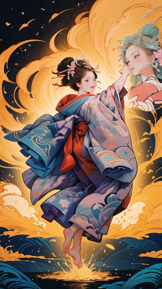 (Sea Art、I create amazing digital illustrations of beautiful women in kimonos)、Beautiful woman smiling showing her upper white teeth、Colorful Ukiyo-e style illustrations、Brown-black long hair、Beautiful full body style、If you want to dance, Dancing to Tokyo Ondo, Good good、Beautiful new digital paintings,、 Bright and vibrant digital anime art、Beautiful anime portraits、Background,The front torii gate of a Japanese shrine.、Detailed digital anime art、