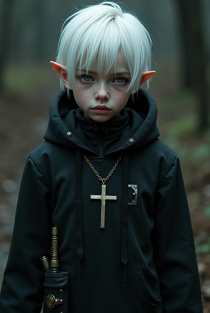 Middle-aged albino ager seeking revenge with a violent look and white hair and violet eyes and soft freckles, you came in black with a cross necklace and a mechanical hand with steampunk technology