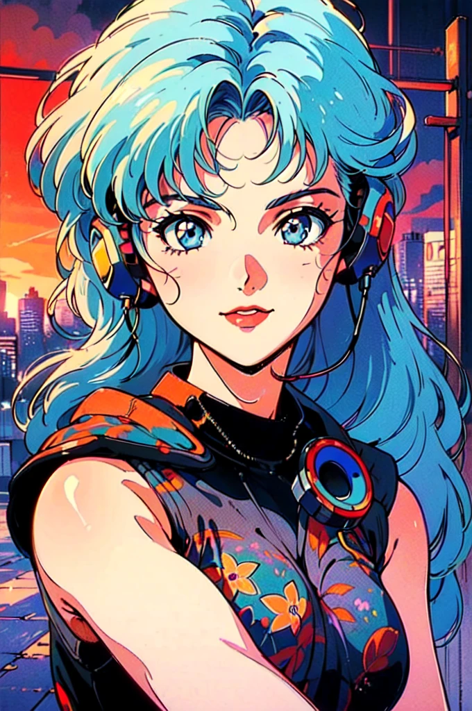 (80's, Retro, City Pop:1.5), (Album cover), (masterpiece, Highest quality, Intricate details), (anime, figure), (pastel colour:1.3), Best Photo Poses, Dynamic Angle,
, alone, smile, A perfect eye for detail, Delicate face,Headphones on head,
City scene, City of night, Tokyo, High Fashion, 