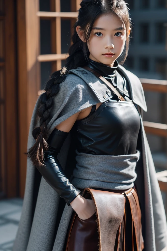 (masterpiece, The best quality) (young dwarf woman smith of nordic descent), (black eyes), (muscular), (leather skirt), (black hair color),(loose hair with small braids on the scalp), (leather strap top) feathers, cape over the shoulder, bufas, (blue, gray and brown suit). have runic symbols around her armor