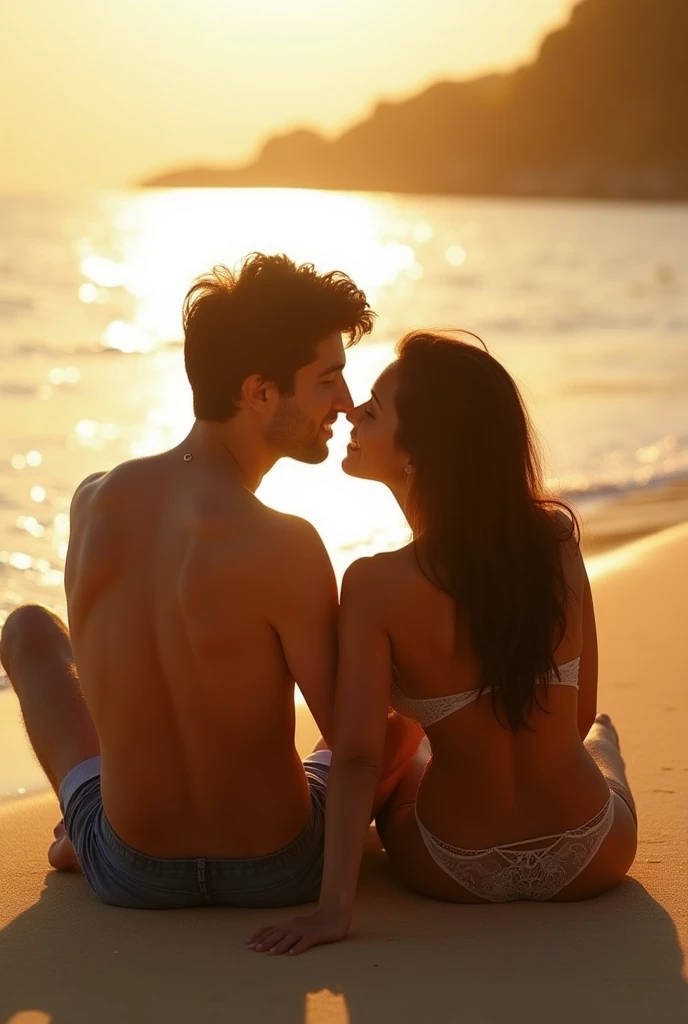 A couple in love, sitting on the golden sand of a paradise beach, They enjoy a passionate encounter in doggy style, with luxury of details in anal penetration. The warm sunlight reflects off their sweaty bodies as they completely abandon themselves to the pleasures of love..