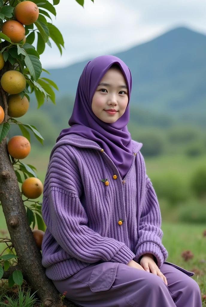 Beautiful Korean girl, smooth white skin, well-groomed face, purple hijab, purple knitted hoodie with fruit pattern, cargo pants, sitting on a star fruit tree picking fruit, surrounded by red ants, mountain background, looks authentic, real and realistic in the photo