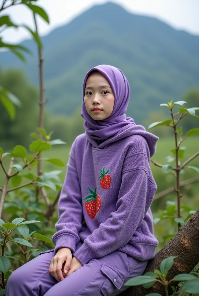 Beautiful Korean girl, smooth white skin, well-groomed face, purple hijab, purple knitted hoodie with fruit pattern, cargo pants, sitting on a star fruit tree picking fruit, surrounded by red ants, mountain background, looks authentic, real and realistic in the photo