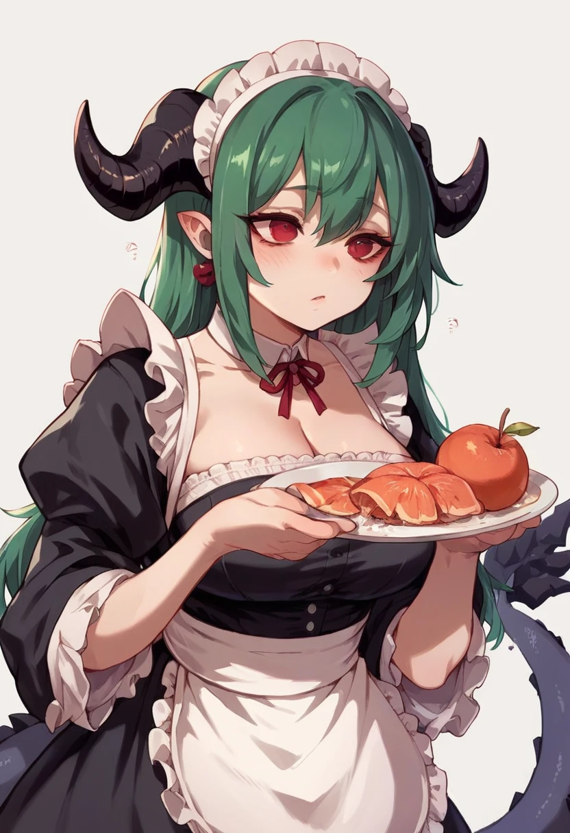The female has long, dark green hair, black dragon horns, a black chunky tail, and red eyes, Wearing a maid outfit, she is peeling fruit.