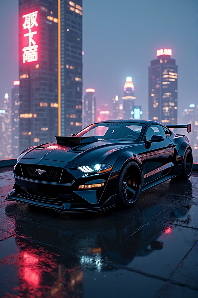 Black ford Mustang fully modified standing on rooftop at night with big sky scrappers in background with neon lights 