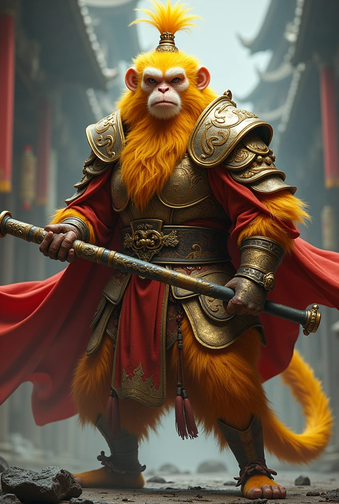 Sun wukong, hairy man, yellow fur, in golden and brown full-body dynasty armor, two antenna-like plumes headdress, wielding a long metal bo stick with gold on two edges, red flowing cape, dynamic pose, fantasy vibe,