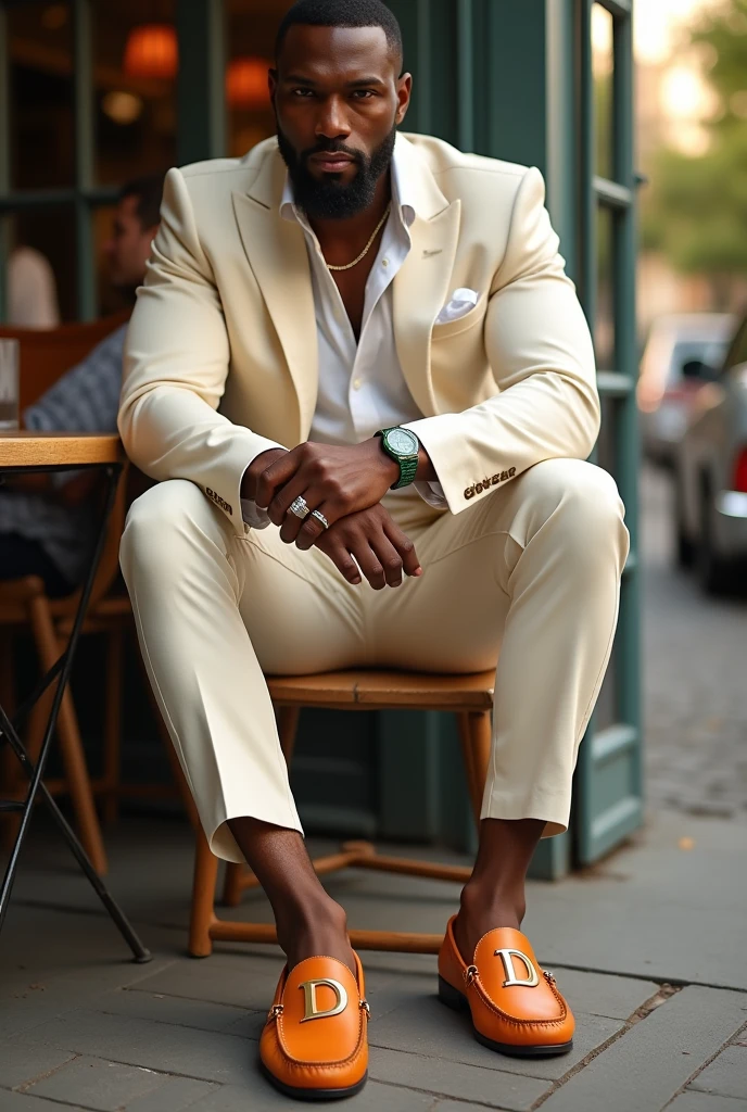 Forty year old black man, very elegant and sophisticated, very strong athletic build, with a goatee, wearing jewelry and a modern bowler hat, cream linen shirt and summer suit, Slim Italian style tailored cut, in pumpkin color Italian moccasin shoes,in pumpkin colors with beige written the letters D on the left shoe and the letter L, in the right shoe in large size, without wearing socks The model is sitting wearing a green Rolex in a bistro in the late afternoon.
The image angles prioritize viewing the model&#39;s shoes.
image from bottom to top 
