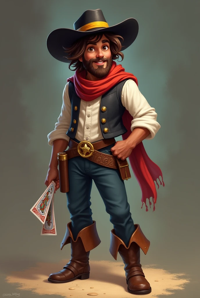 man, brown skin, brown hair., 
He has a long messy hairstyle,  with a white streak in his hair,
brown eyes, and a short, well-groomed beard. 
He has a normal physique, wears a black cowboy hat with a yellow band on it., 
He wears a black vest over a rolled-up white dress shirt, a red scarf around his neck, pants with a buckle, and boots with spurs. He is cheerful and well-liked, and he carries two decks of cards with him in 1857 ,RPG Fantasy style.
