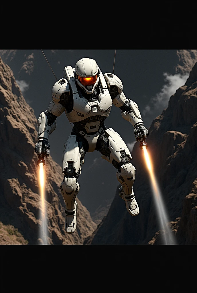 Dropping from a military helicopter,Wearing a powered suit