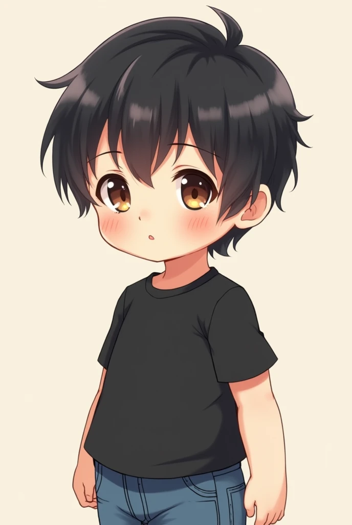 anime boy (about 1) with black hair and bangs, the boy is wearing blue jeans, a black shirt and has brown eyes