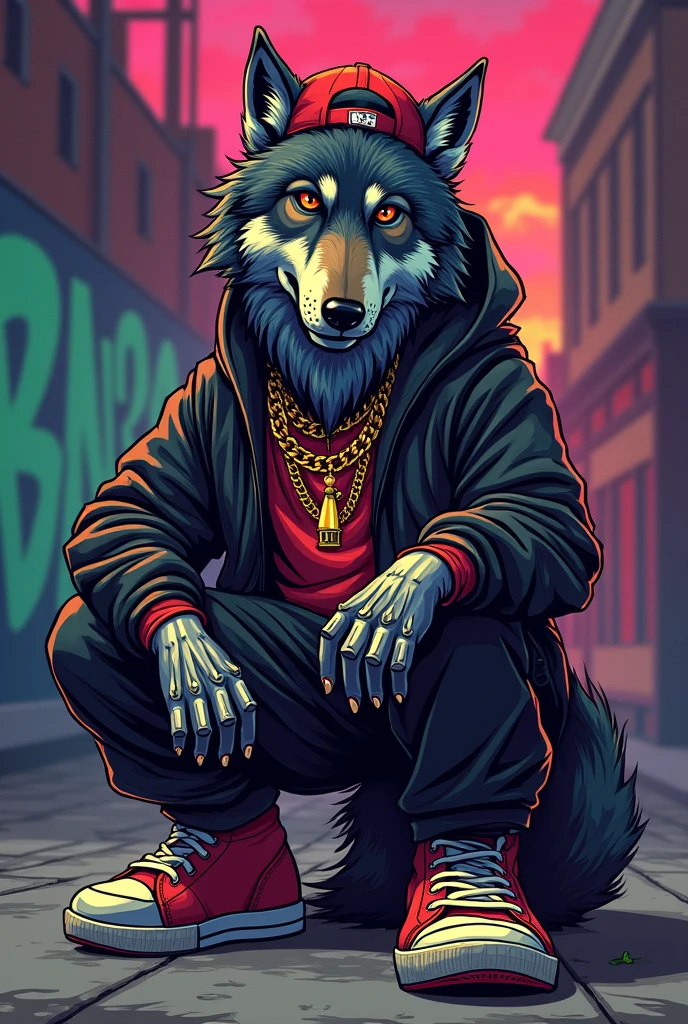 Drawing of a wolf that is dressed like the rappers of the 90s