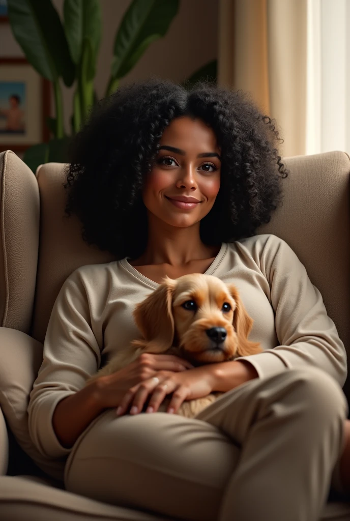 Brazilian woman, blackquality hair, at home with her little dog on her lap