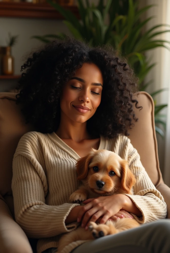 Brazilian woman, blackquality hair, at home with her little dog on her lap