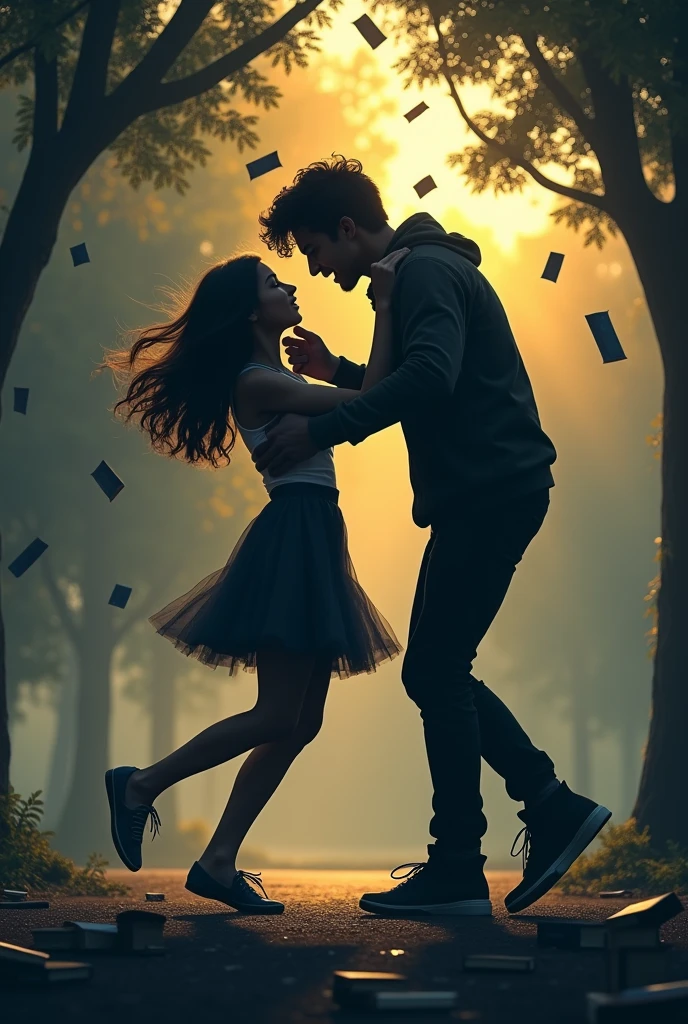 Black dark silhouette of an adult girl and boy hitting each other,the girl falling to the ground romance as her books fall to the ground but one stumble at a time the background is a park