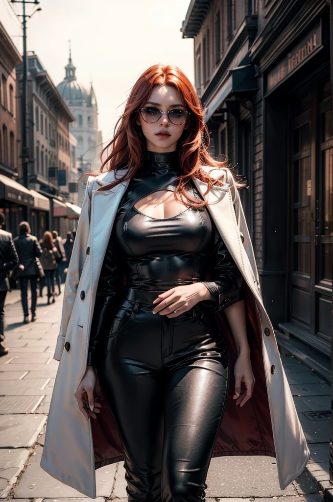 a beautiful young celebrity woman with long flowing red hair, lora_Emma, wearing high-quality high-waisted leather pants and a formal white top with a plunging neckline, a coat draped over her shoulders, coat on shoulders, and red-tinted sunglasses, walking outdoors in a city setting, (best quality,4k,8k,highres,masterpiece:1.2),ultra-detailed,(realistic,photorealistic,photo-realistic:1.37),cinematic lighting,highly detailed,intricate details,dramatic pose,striking expression,vibrant colors,natural shadows,elegant,fashionable