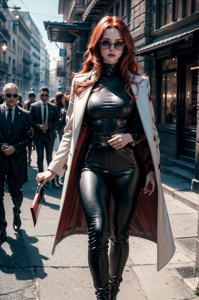 a beautiful young celebrity woman with long flowing red hair, lora_Emma, wearing high-quality high-waisted leather pants and a formal white top with a plunging neckline, a coat draped over her shoulders, coat on shoulders, and red-tinted sunglasses, walking outdoors in a city setting, (best quality,4k,8k,highres,masterpiece:1.2),ultra-detailed,(realistic,photorealistic,photo-realistic:1.37),cinematic lighting,highly detailed,intricate details,dramatic pose,striking expression,vibrant colors,natural shadows,elegant,fashionable